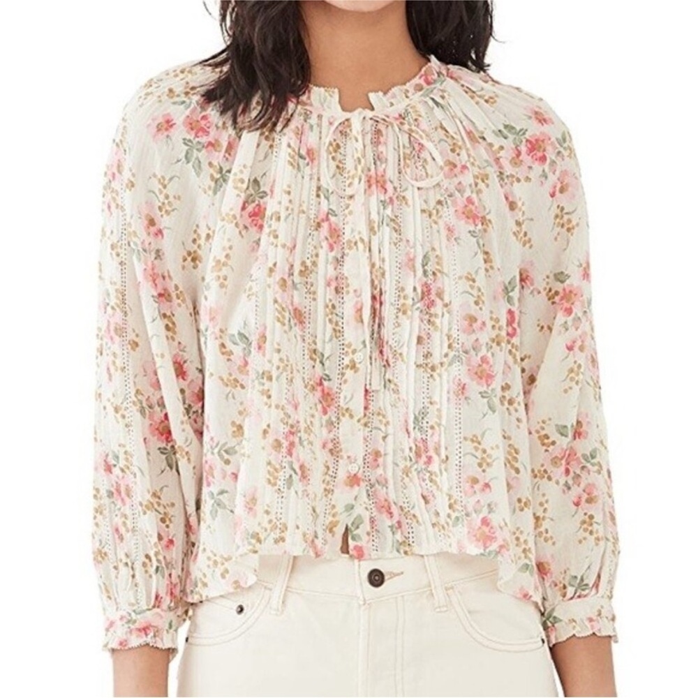 The Great Blouse Valley Top Pink Sweet Pea Floral Ruffle Peasant Cottage Core 3